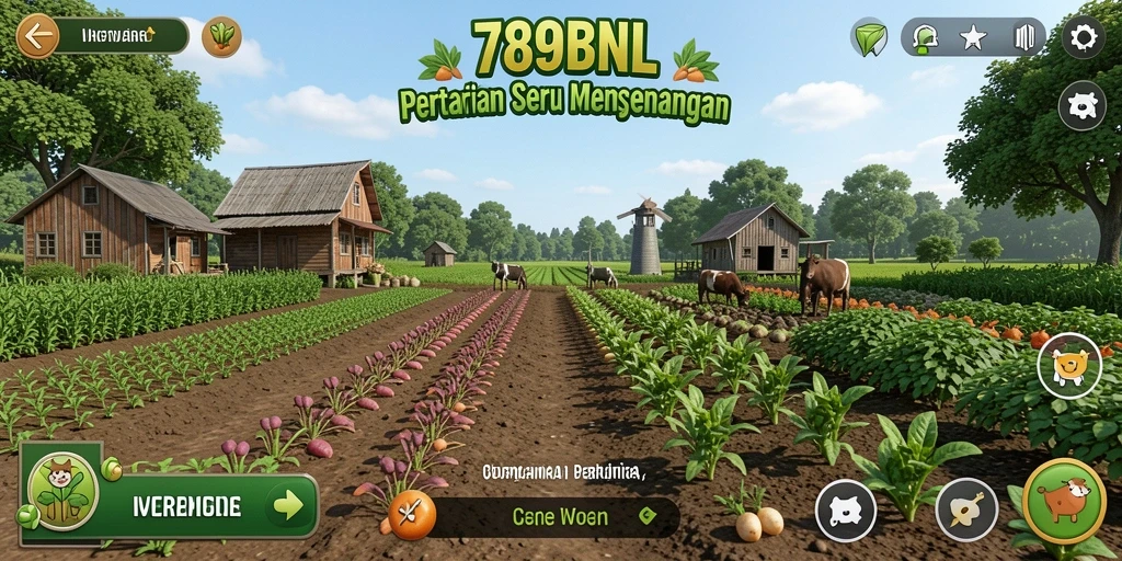 Tangkapan layar gameplay 789BNL menampilkan ladang yang subur dan aktivitas bertani.