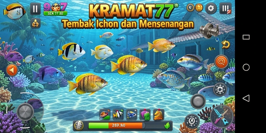 Tampilan gameplay KRAMAT77 yang seru dengan berbagai ikan berwarna-warni.