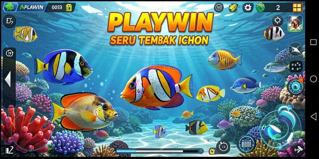 Gameplay seru PLAYWIN dengan menembak ikan berwarna-warni.