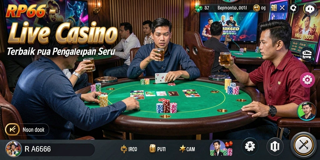 Screenshot gameplay RP66 menunjukkan dealer profesional dan interaksi seru di Live Casino.