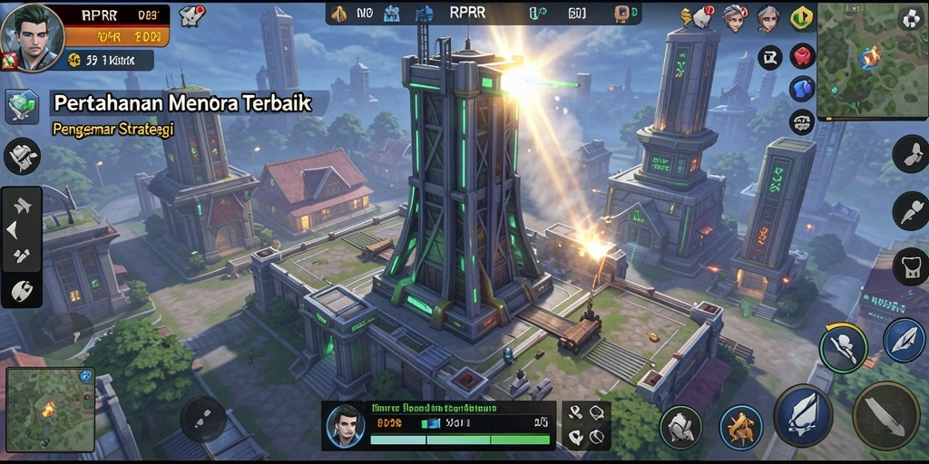 Tangkapan layar gameplay RPRR menampilkan pertempuran menara yang intens.