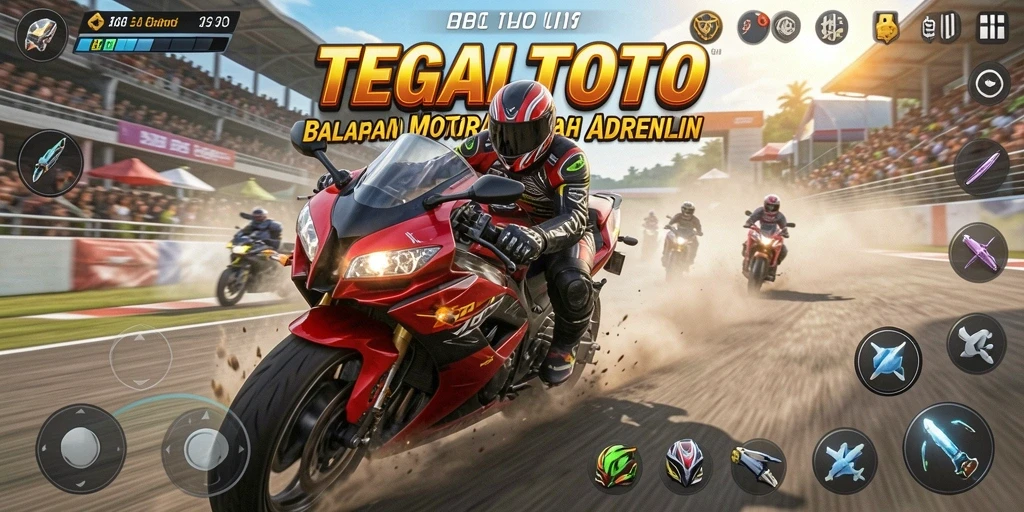 Tampilan gameplay seru dalam TEGALTOTO dengan balapan motor cepat.